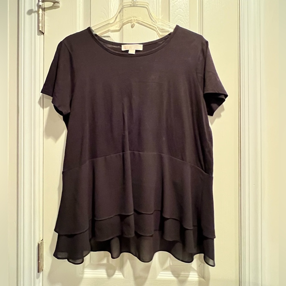 Michael Kors Mixed Media t-shirt w/ Short Sleeves & Layered Bottom in Black